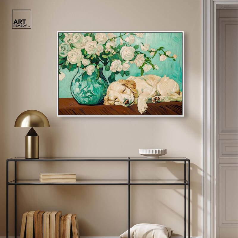 Rose Vase Puppy Canvas by Art Remedy