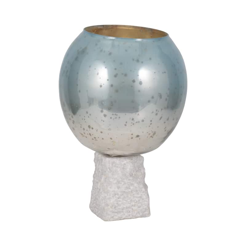 Sagebrook Home Glass Aqua/White Round Bowl Pillar Holder w/Marble Base