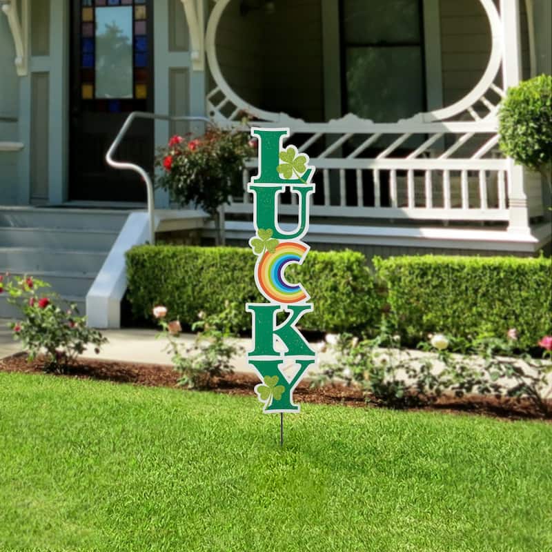 Glitzhome 42"H St. Patrick's Metal Lucky Leprechaun Hat Shamrocks Yard Stakes