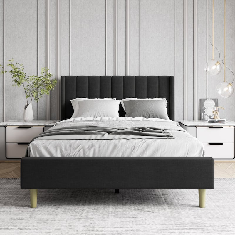 Aufank Bed Frame Upholstered Platform with Wooden Slats, Noise-Free