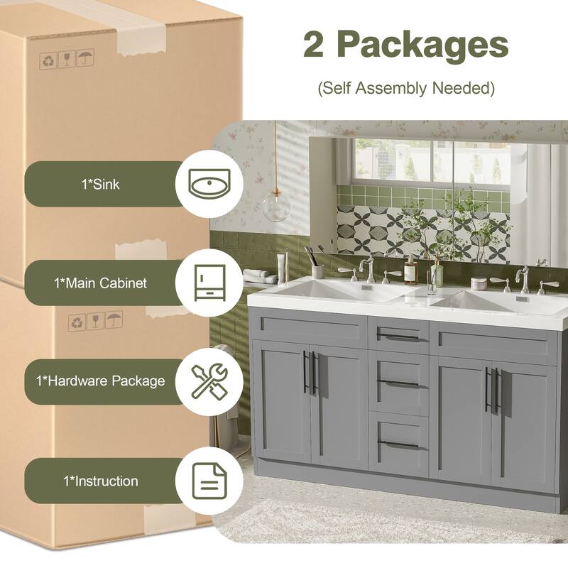 59" Double Sink Bathroom Vanity with SMC Top, Solid Wood Frame & Soft Close Doors, Gray Storage Cabinet