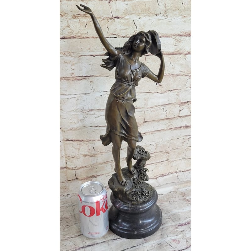 Girl Playing Tambourine Bronze Statue Sculpture Figure Musical Decor 20 Inches X 9 Inches