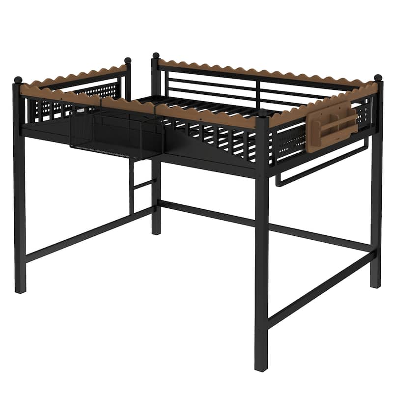 Modern Metal Loft Bed with Shelves & Bookshelf, Ladder Entry, No Box Spring Needed, Multi-Size