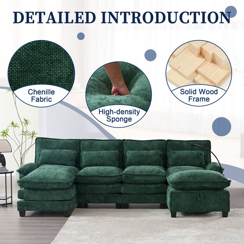 Chenille U-shape Sectional Sofa with Chaise and Storage Ottoman, Modular Couch with USB/Type-C Ports, Side Pockets, Phone Holder