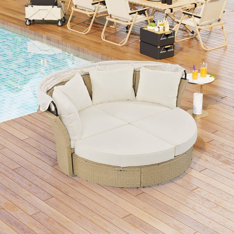 Beige Wicker Rattan Outdoor Double Daybed with Retractable Canopy