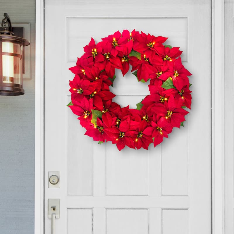Puleo International 24" Pre-Lit Battery-Operated Artificial Red Poinsettia Wreath