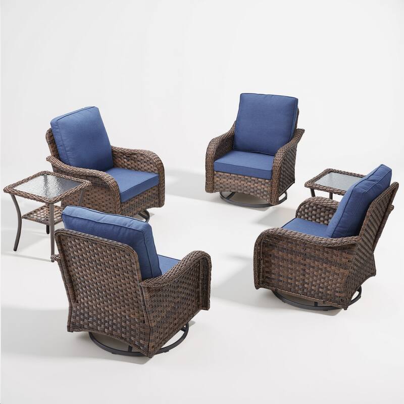 Cavira 6-Piece Brown Wicker Outdoor Patio Swivel Glider Chairs with Side Tables