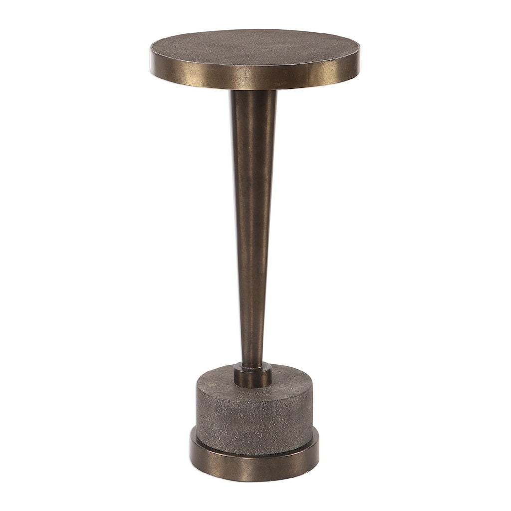 21.75" bronzed metal cylindrical accent table on a gray concrete base