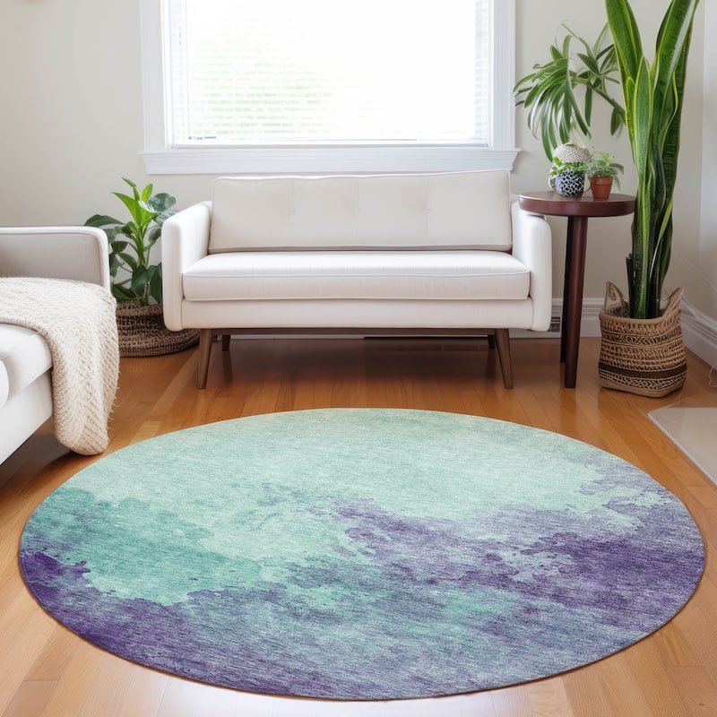 Machine Washable Indoor/ Outdoor Abstract Modern Chantille Rug - Seafoam - 8' x 8'