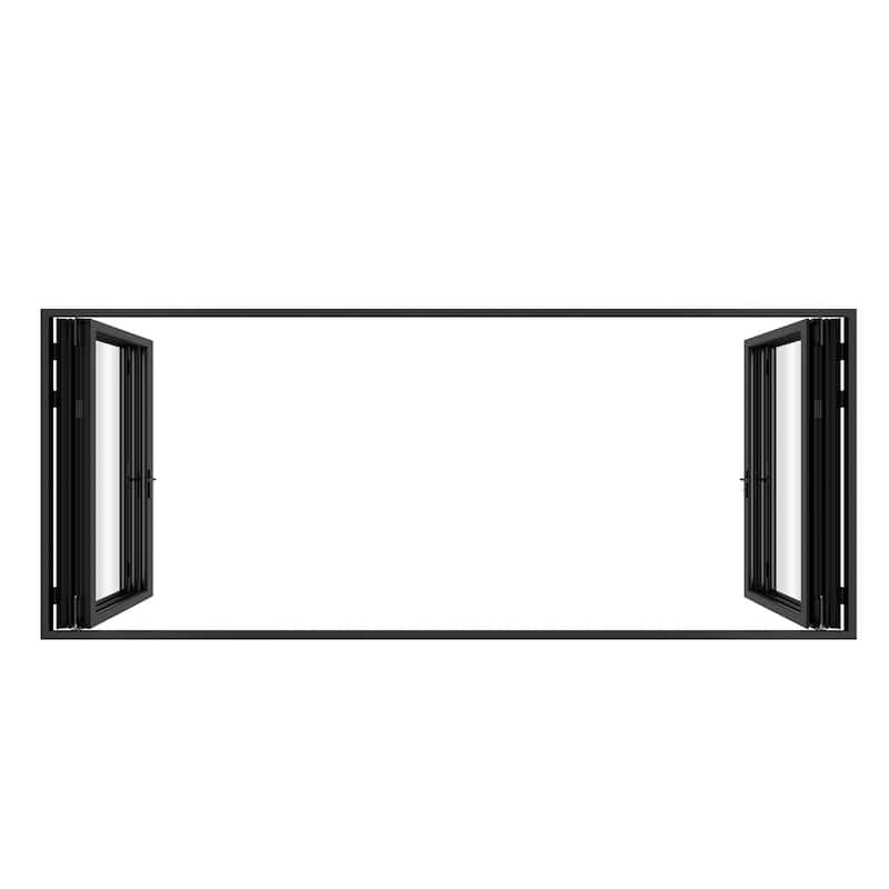 KaMic 192"×96" 6 Panels Aluminum Folding Door In Black,Folded Out From Dual Open Model #:FD6PBK19296-DO