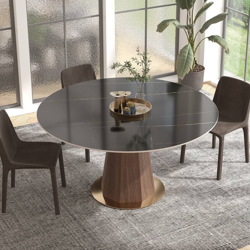 Modern Style Round Stone Table Top Walnut Pedestal Dining Table