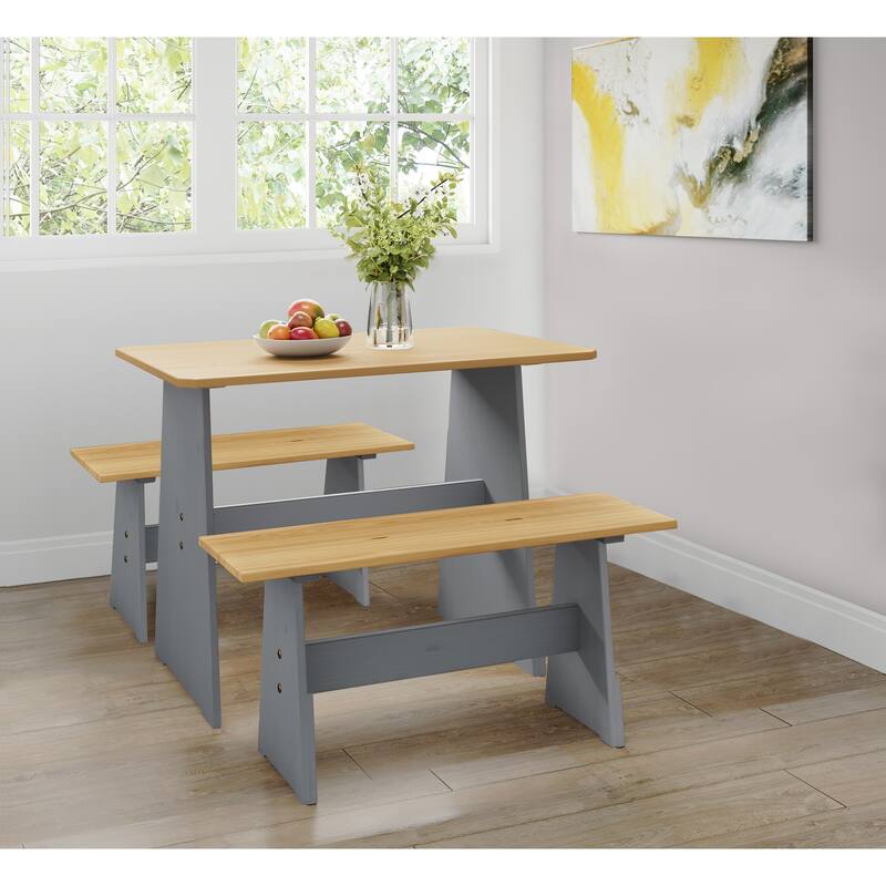 Chapman Farmhouse 3-Piece Solid Pine Wood Dining Set with 2 Benches