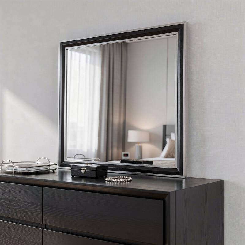 HomeRoots 39" Black And Gray Wood Dresser Mount Framed Mirror - 40.98 in. x 39.02 in. x 0.75 in. - 40.98 in. x 39.02 in. x 0.75 in.