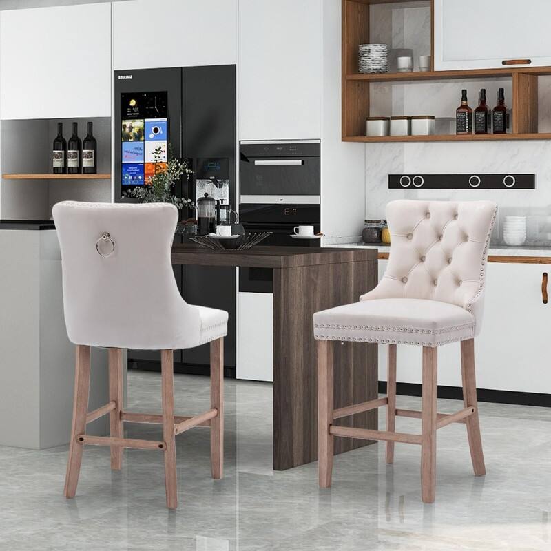 Wing Back Velvet Tufted Nailhead Barstools(Set of 2)