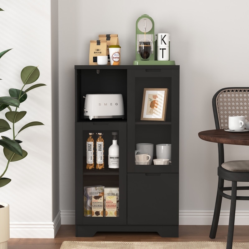 MDF Cabinet with Glass Doors, Drawer and Open Shelf for Bedroom Living Room