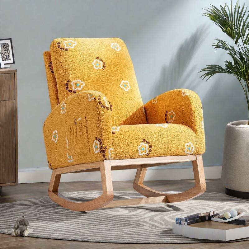 Boucle Fabric Rocking Chair with High Back, Side Pocket and Solid Wood Frame - Mustard