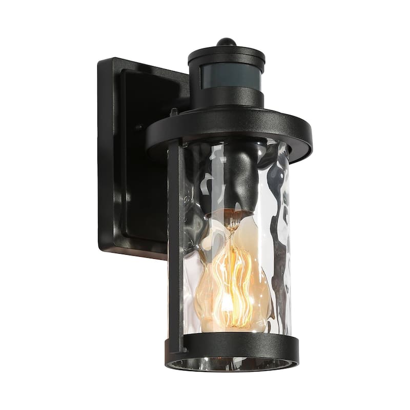 Modern 1-Light Black Motion Sensor Outdoor Barn Light Armed Wall Sconce with Clear Waterfall Glass - 6.7" D x 10.5"H