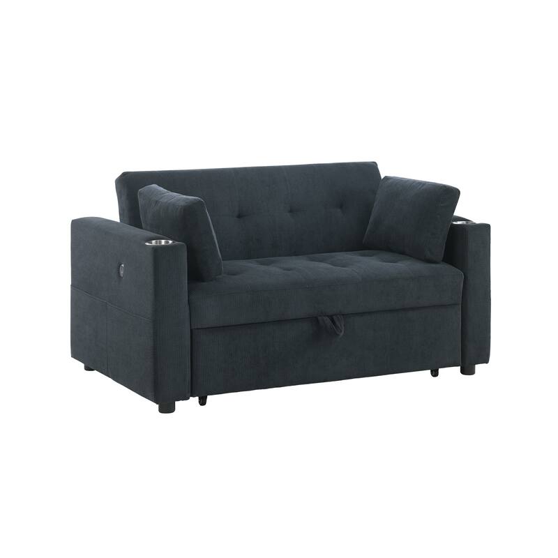 3 in 1 Convertible Pull Out Couch, Tufting Loveseat with Cupholders and USB Ports, 2 Seater Sofa with Pillows and Storage Bag