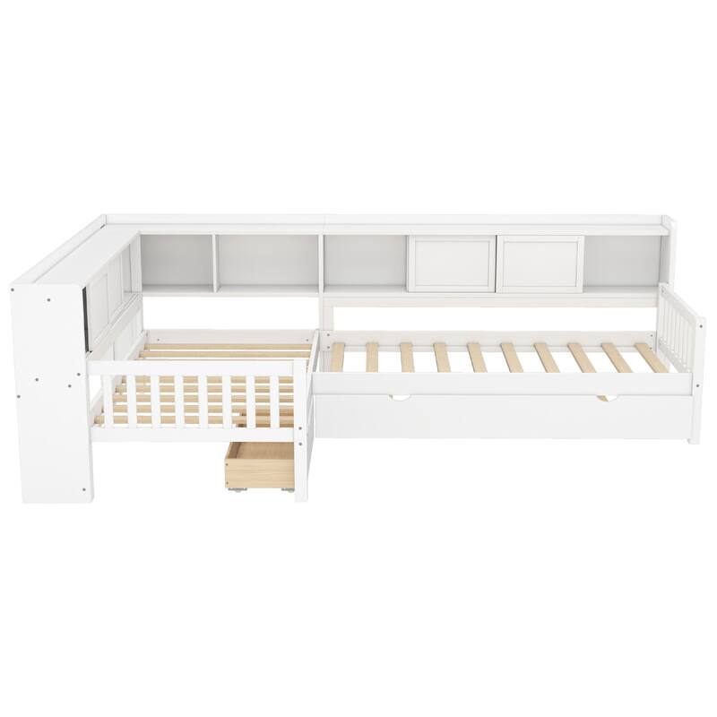 L Shaped Twin Platform Bed with Pull Out Trundle and Drawer, Solid Wood Twin Size Bed Frame with L Shaped Storage Bookcases