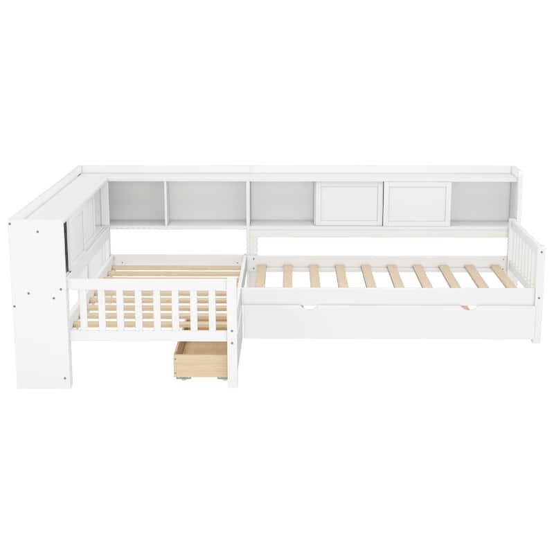 Roomfitters L-Shaped Twin Platform Bed with Trundle, Corner Bed Frame with Storage Drawers and Shelves