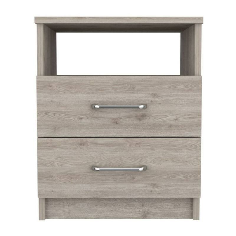 Modern Bedroom Nightstand in Light Grey Wood 2 Drawer End Table with Open Shelf Storage