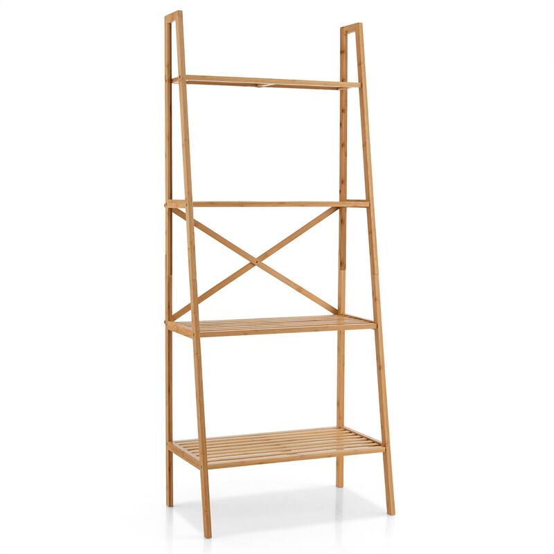 Gymax 4-Tier Bamboo Ladder Bookshelf 58'' Display Shelf Storage Rack
