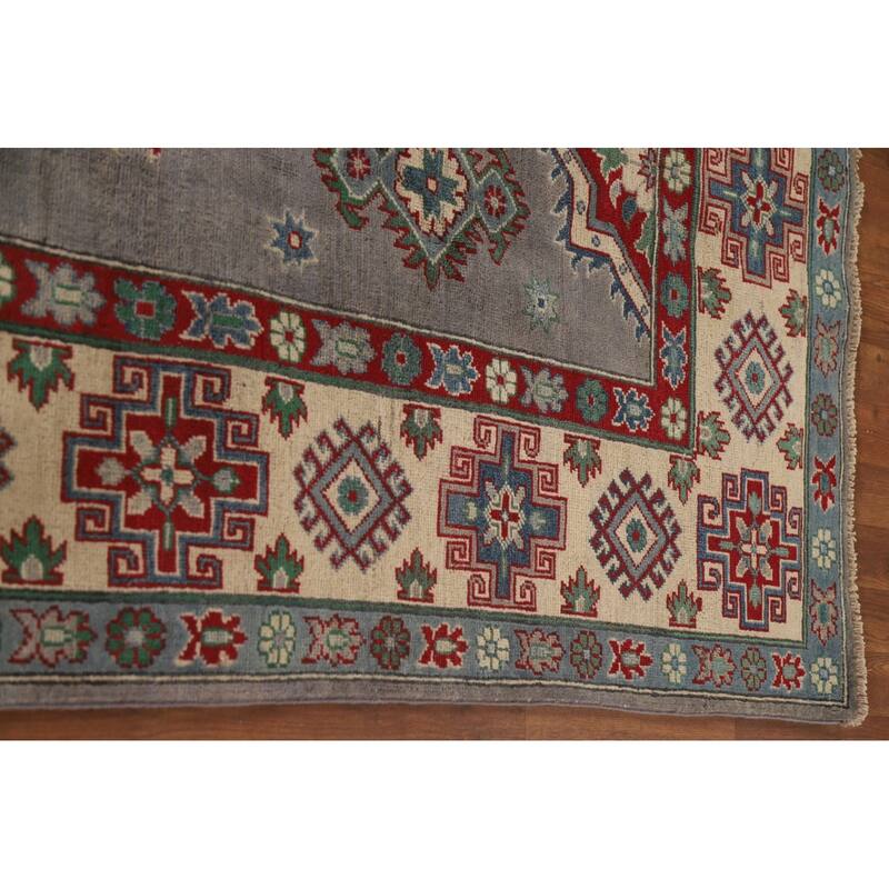Gray Geometric Kazak Oriental Area Rug Hand-Knotted Wool Carpet - 6'10"x 9'11"