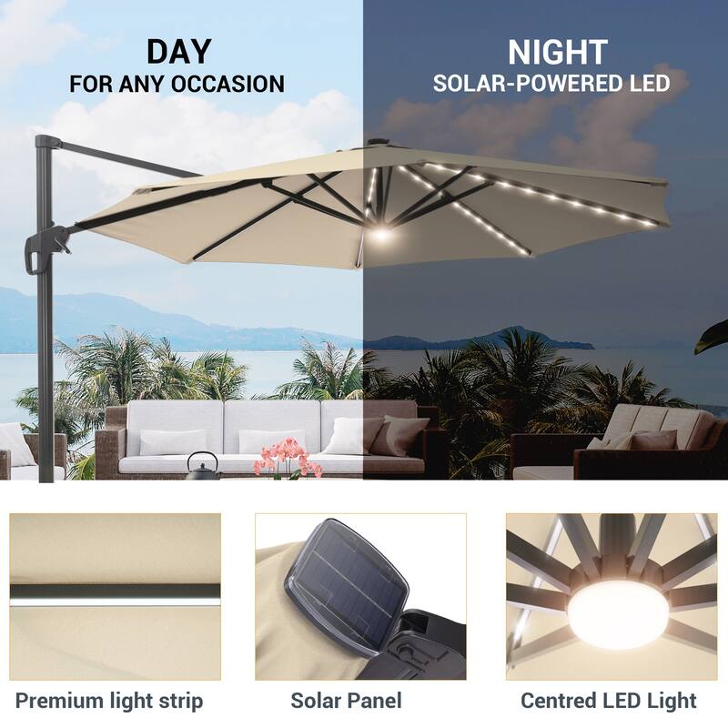 LIVOOSUN 11FT Huge Patio LED offset umbrella Cantilever Umbrella