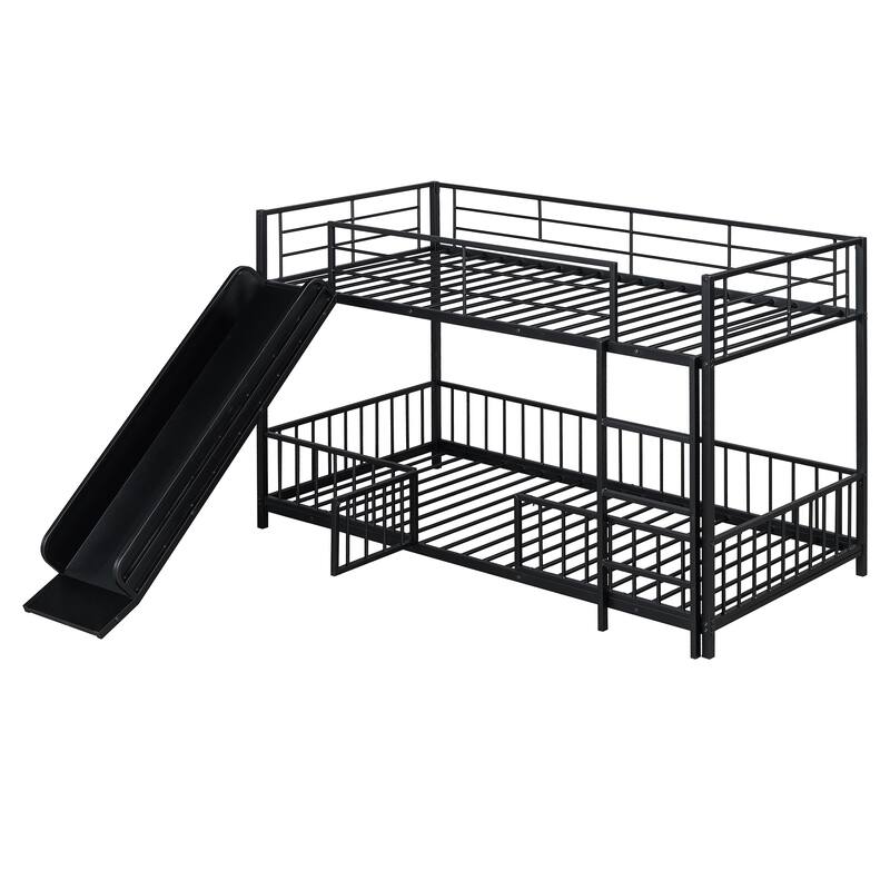 Twin over Twin Metal Bunk Bed with Slide, Guardrails, and Convertible Loft Design, Black