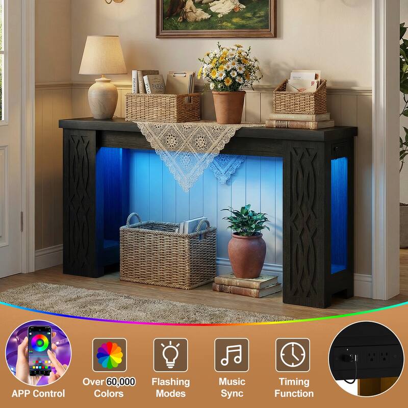 47" Farmhouse Console Table with RGB LED Light ＆ Power Outlets, Unique Carved Design Farmhouse Entryway Table Sofa Table