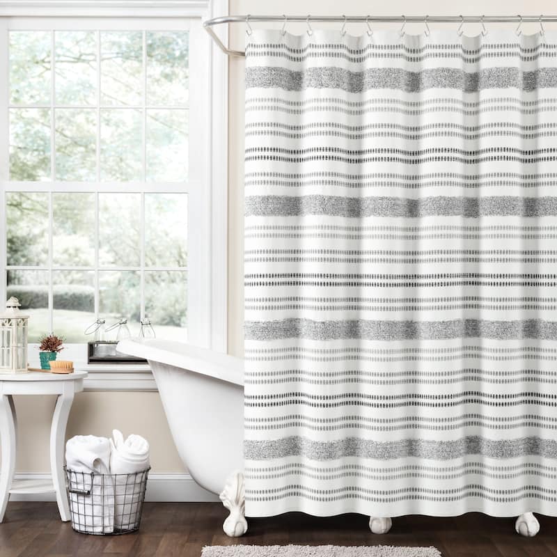 Lush Decor Modern Tufted Stripe Woven Yarn Dyed Eco-Friendly Recycled Cotton Shower Curtain Single - Gray - 72" x 72"