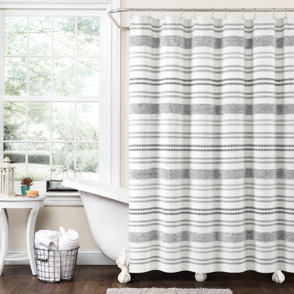 Lush Decor Modern Tufted Stripe Woven Yarn Dyed Eco-Friendly Recycled Cotton Shower Curtain Single