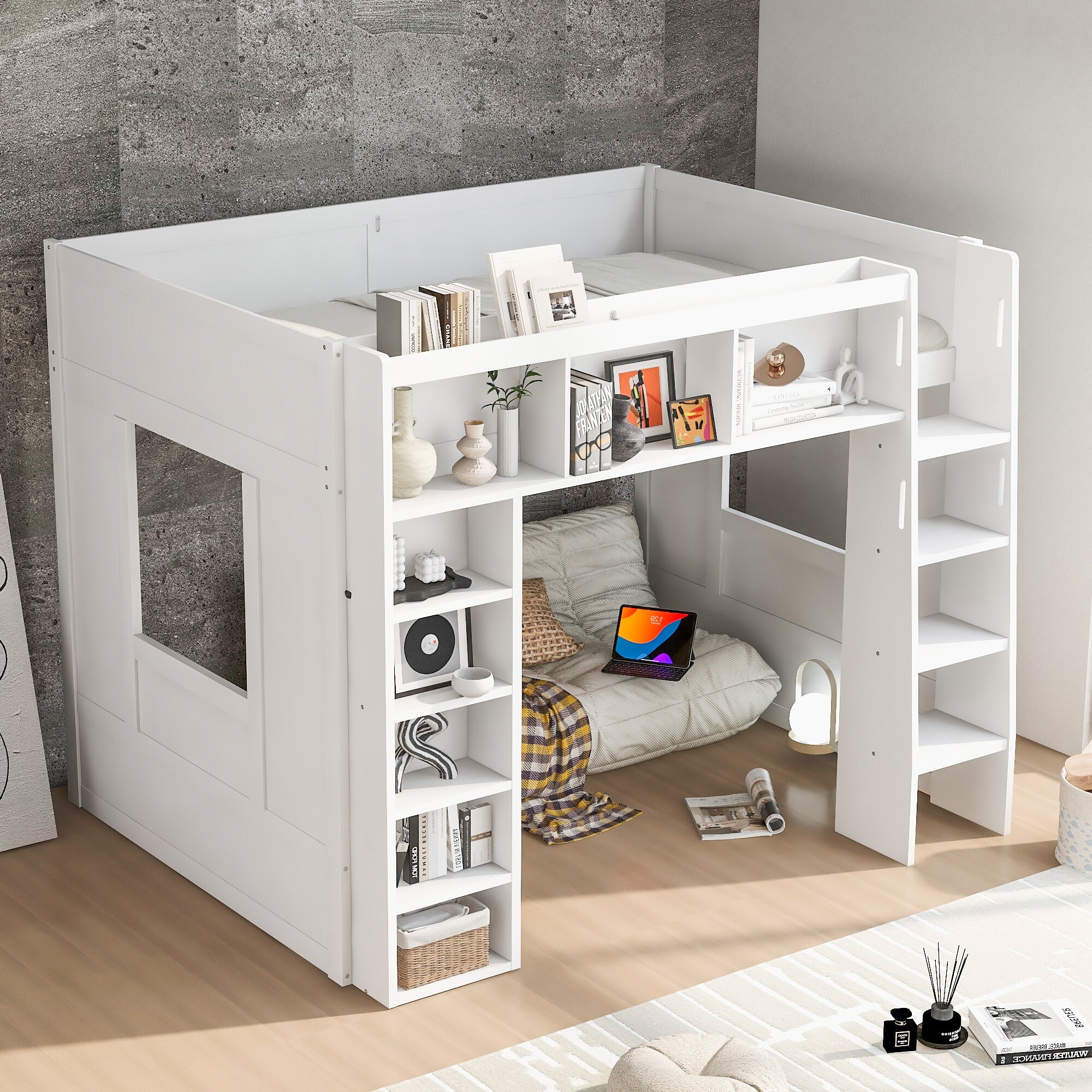 GDFStudio - StoreMax Modern Wooden Queen Loft Bed with Storage Cabinets and Shelves