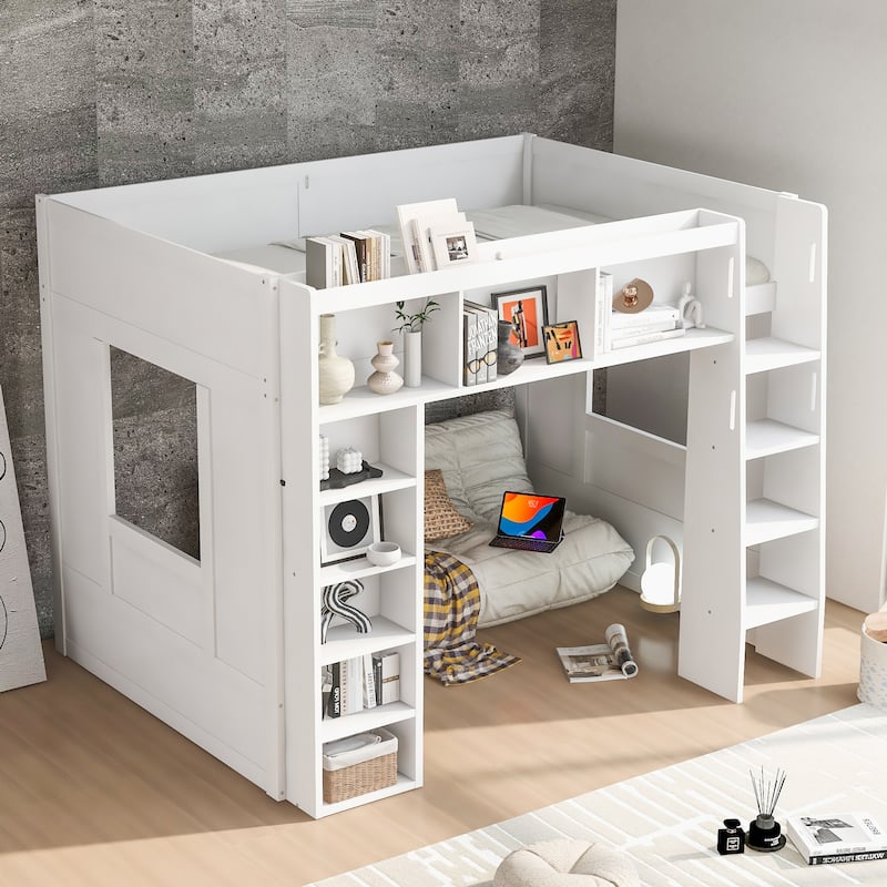 Queen Size Wooden Loft Bed with Storage Cabinets and Shelves, Multifunctional Country Style Design - White - Queen