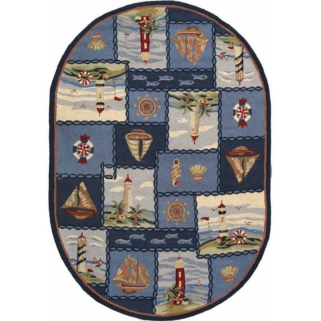 SAFAVIEH Handmade Chelsea Laurenzia French Country Nautical Wool Rug - 4'6" x 6'6" Oval - Blue