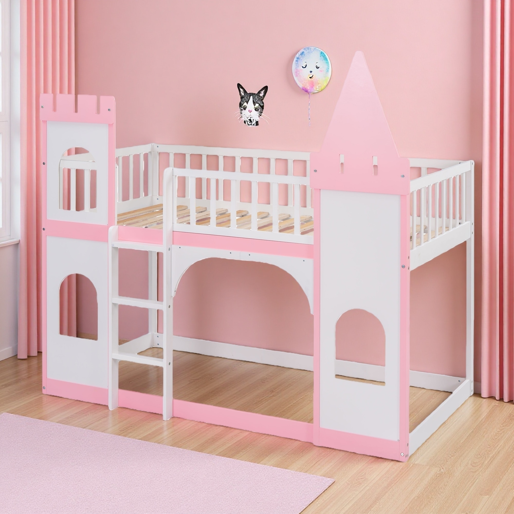 Twin Over Twin Wood Castle Bunk Bed with Ladder