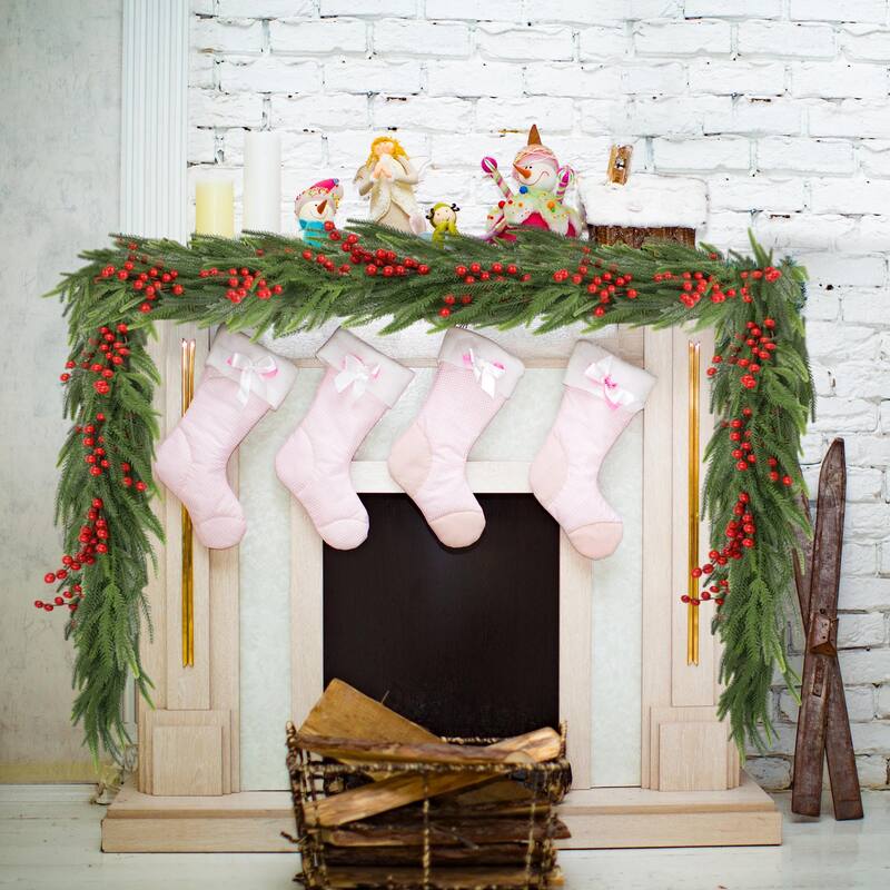 Christmas Wreath Wall Decor with 30 LED Light Pinecones Berries andFrosted White Accents, for Fireplace and Staircase - Green