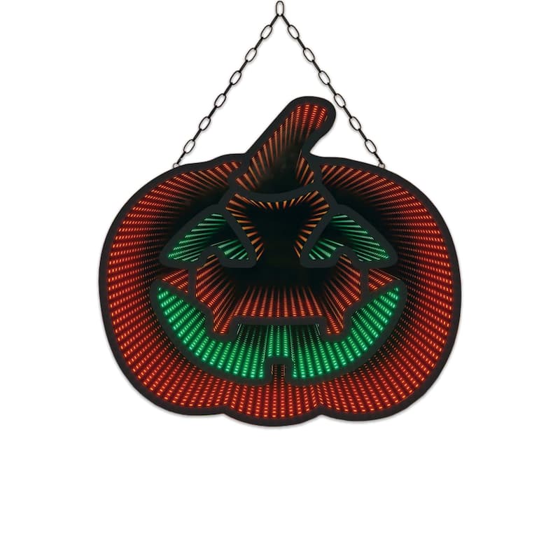 3D Pumpkin LED Infinity Mirror, 12x13", Orange/Green Halloween Motif, USB/Batt - String Lights - Orange