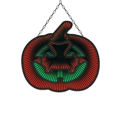 3D Pumpkin LED Infinity Mirror, 12x13", Orange/Green Halloween Motif, USB/Batt