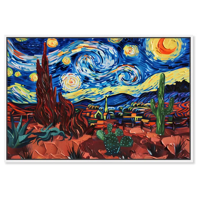Art Remedy Desert Night Stars Framed Impressionism 1 Piece Canvas Wall Art /Monet And Van Gogh Inspired Art - 46 x 31 - White