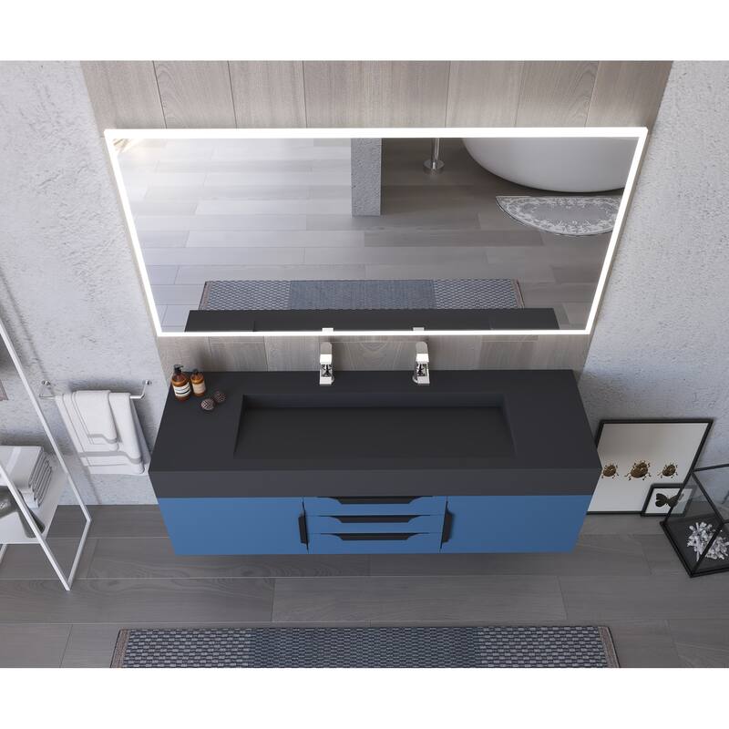 Nile 60" Wall Mounted Bathroom Vanity Set w/ Black Top