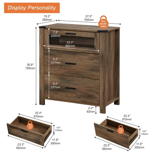 dimension image slide 2 of 3, WAMPAT Dresser for bedroom, Accent Chests of 3 Drawers,Storage Cabinet