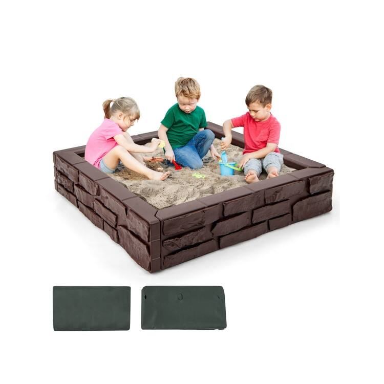 Outdoor Kids Sandbox with Cover and Bottom Liner for Backyard Play