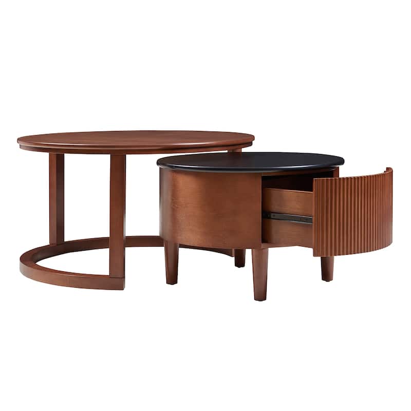 Round Nesting Coffee Table Set, Rustic Wood Sofa Side Tea Tables Center Tables with Drawer, Accent Table for Living Room, Office