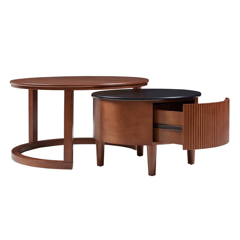 Vintage Round Nesting Coffee Table Fluted with Drawer in Black & Walnut in 31.5''