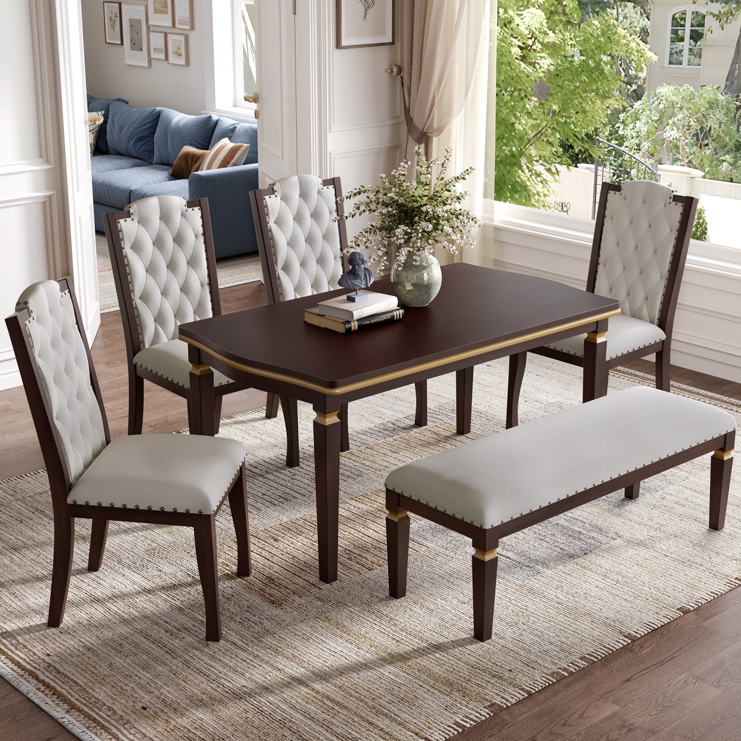 6-Piece Dining Set, 60" Rectangular Table and 4 Chairs and 1 Bench