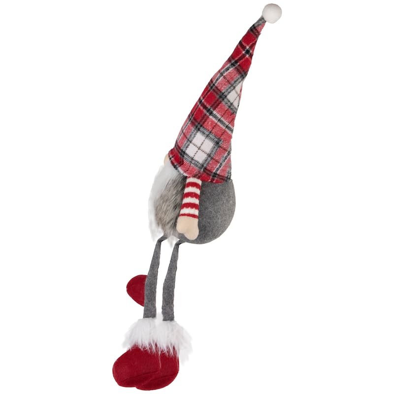 20.5" Red Gray and White Plaid Sitting Gnome Christmas Decoration