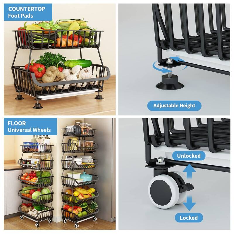 5 Tier, Kitchen Fruit Vegetable Storage Cart, Vegetable Basket Bins for Onions and Potatoes, Wire Storage Organizer Utility Cart