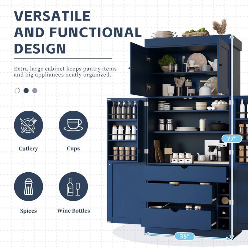 Freestanding 77"Tall Kitchen Pantry with Adjustable Shelves,Door Shelves, Drawers and Wine Racks