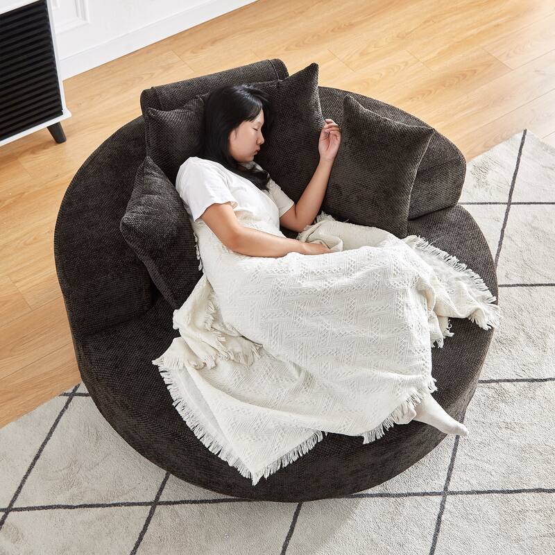 360 Degree Swivel Sofa Chair with Backrest Pillow for Livingroom 55'' Chenille Single Sofa, Round Fluffy Sleeper Sofa